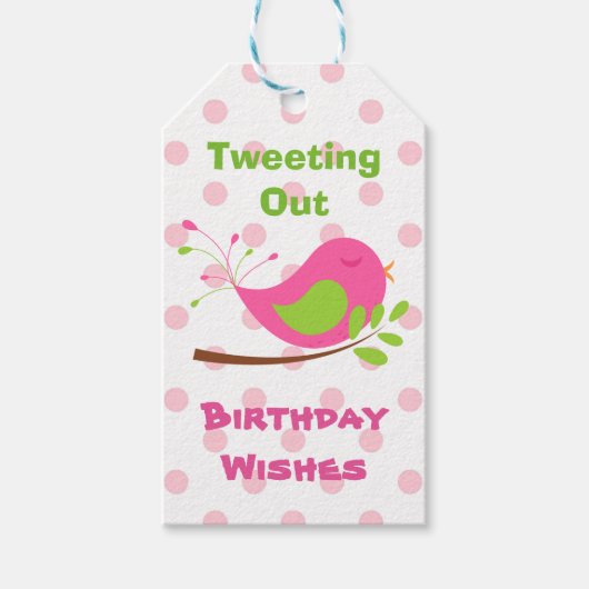 ピンク水玉模様バード誕生日ツイート ギフトタグ (正面)