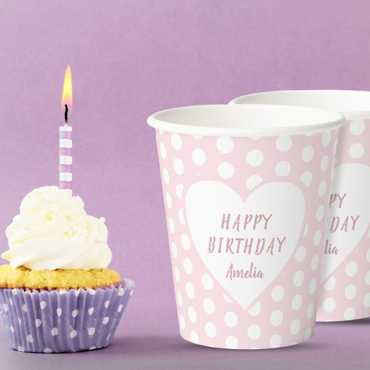ピンク水玉模様パターンハート誕生日パーティー 紙コップ