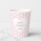 ピンク水玉模様パターンハート誕生日パーティー 紙コップ (正面)