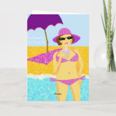 ピンク水玉模様ビキニビーチ誕生日ガール カード (裏面)
