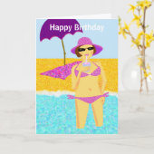 ピンク水玉模様ビキニビーチ誕生日ガール カード (黄色い花)
