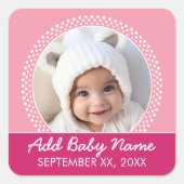 ピンク水玉模様フォトフレーム赤ちゃん女の子 スクエアシール (正面)