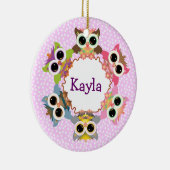 ピンク水玉模様フクロウリース セラミックオーナメント (右)