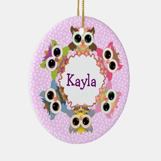 ピンク水玉模様フクロウリース セラミックオーナメント (右)