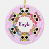 ピンク水玉模様フクロウリース セラミックオーナメント (正面)