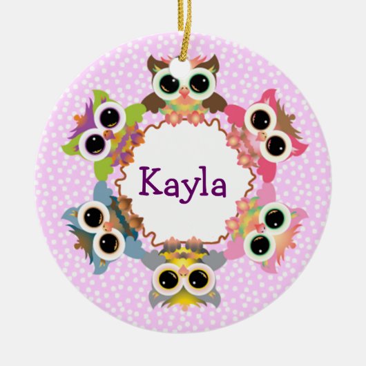 ピンク水玉模様フクロウリース セラミックオーナメント (正面)