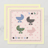 ピンク水玉模様ベビー乳母車ベビーシャワー招待状 招待状 (正面/裏面)