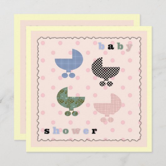 ピンク水玉模様ベビー乳母車ベビーシャワー招待状 招待状 (正面/裏面)