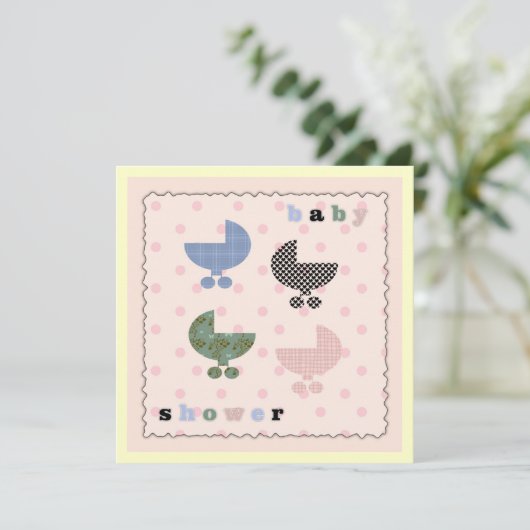 ピンク水玉模様ベビー乳母車ベビーシャワー招待状 招待状 (スタンド正面)