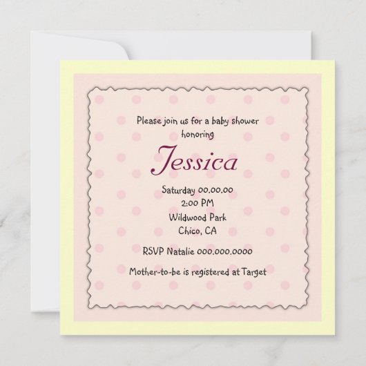 ピンク水玉模様ベビー乳母車ベビーシャワー招待状 招待状 (裏面)