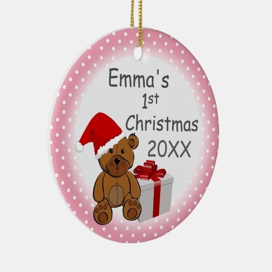ピンク水玉模様ベビー初めてのクリスマスカスタム年 セラミックオーナメント (右)