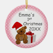 ピンク水玉模様ベビー初めてのクリスマスカスタム年 セラミックオーナメント (正面)