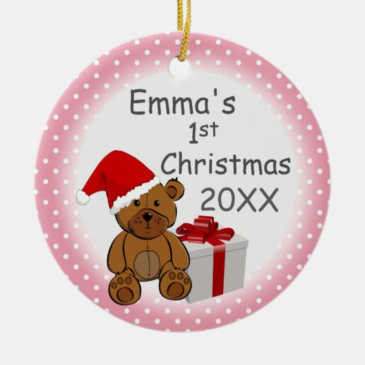 ピンク水玉模様ベビー初めてのクリスマスカスタム年 セラミックオーナメント (正面)