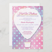 ピンク水玉模様ホットエアバルーン誕生日招待状 招待状 (正面/裏面)