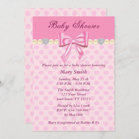 ピンク水玉模様ボウベイビーシャワー招待状 招待状 (正面/裏面)