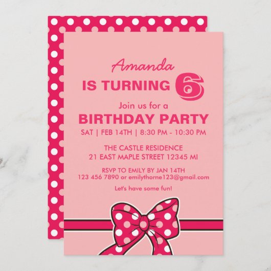 ピンク水玉模様リボンおよびボウ誕生日招待状 招待状 (正面/裏面)