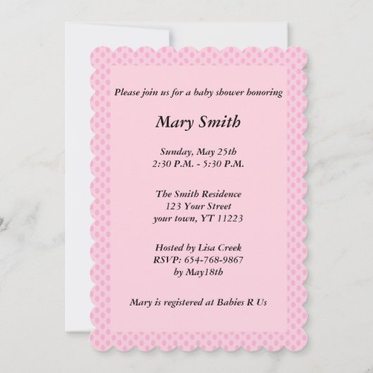 ピンク水玉模様レースハートベビーシャワー招待状 招待状 (裏面)