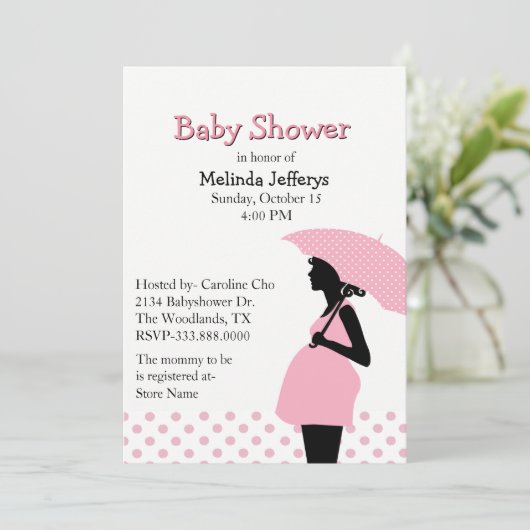 ピンク水玉模様傘ベビーシャワー招待状 招待状 (スタンド正面)