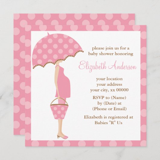 ピンク水玉模様傘ママベビーシャワー 招待状 (正面/裏面)