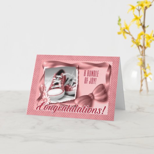 ピンク水玉模様新父母おめでとう カード (黄色い花)