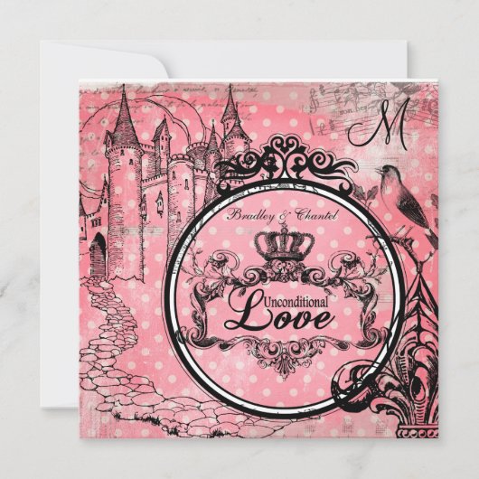 ピンク水玉模様無条件ラブウエディング招待 招待状 (正面)