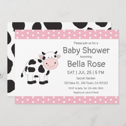 ピンク水玉模様牛ベビーシャワー招待状 招待状 (正面/裏面)