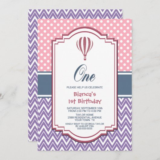 ピンク水玉模様第1誕生日パーティー 招待状 (正面/裏面)