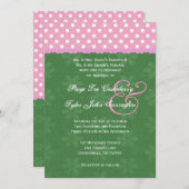 ピンク水玉模様緑とリ結婚ボンエッジ 招待状 (正面/裏面)