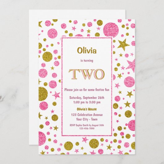 ピンク水玉模様2nd誕生日パーティー 招待状 (正面/裏面)