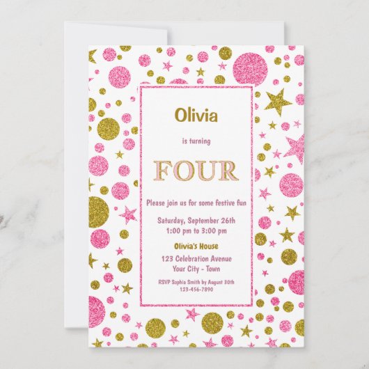 ピンク水玉模様4th誕生日パーティー 招待状 (正面)