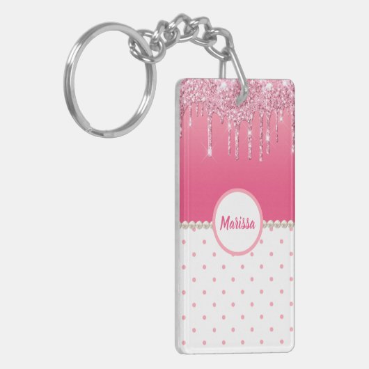 ピンク水玉模様&シルバーグリッタードリップパーソナライズされた キーホルダー (正面左)