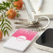 ピンク水玉模様&シルバーグリッタードリップパーソナライズされた キーホルダー (正面右)