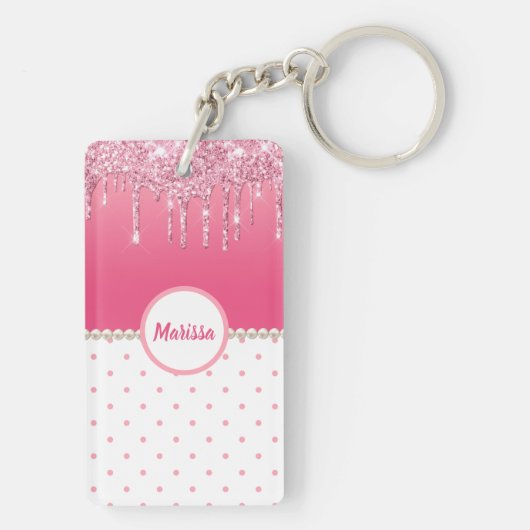 ピンク水玉模様&シルバーグリッタードリップパーソナライズされた キーホルダー (裏面)