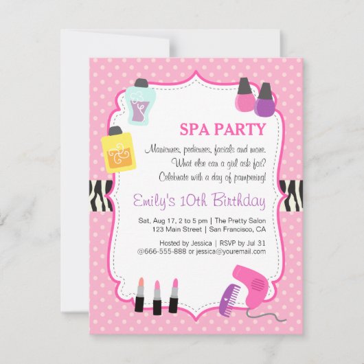 ピンク水玉模様、スパ誕生日パーティーの招待 招待状 (正面)