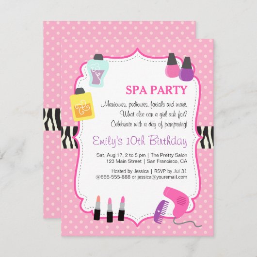 ピンク水玉模様、スパ誕生日パーティーの招待 招待状 (正面/裏面)