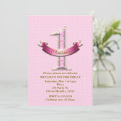 ピンク水玉模様&バナー第1回1回バースデーパーティー 招待状 (スタンド正面)