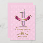 ピンク水玉模様&バナー第1回1回バースデーパーティー 招待状 (正面/裏面)