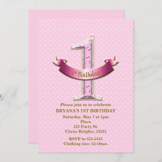 ピンク水玉模様&バナー第1回1回バースデーパーティー 招待状 (正面/裏面)