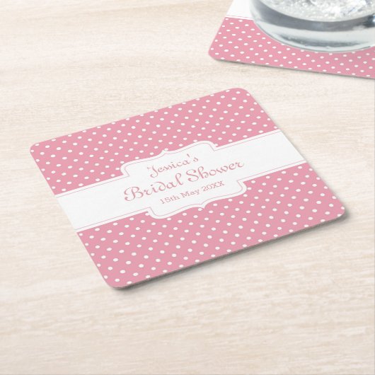 ピンク水玉模様「ブライダルシャワーパーソナライズされた」 スクエアペーパーコースター (アングル)
