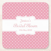 ピンク水玉模様「ブライダルシャワーパーソナライズされた」 スクエアペーパーコースター (正面)