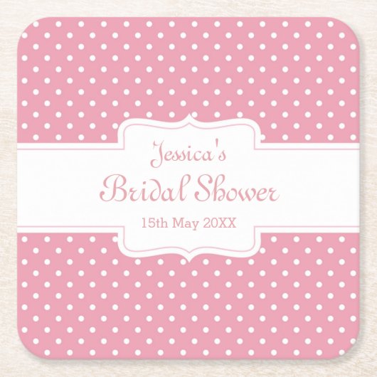 ピンク水玉模様「ブライダルシャワーパーソナライズされた」 スクエアペーパーコースター (正面)