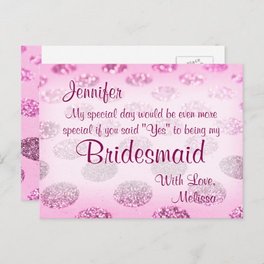 ピンク水玉模様 | 私の花嫁のメイドになってくれない? インビテーションポストカード (正面/裏面)