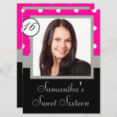 ピンク水玉模様sweet sixteen 招待状 (正面/裏面)