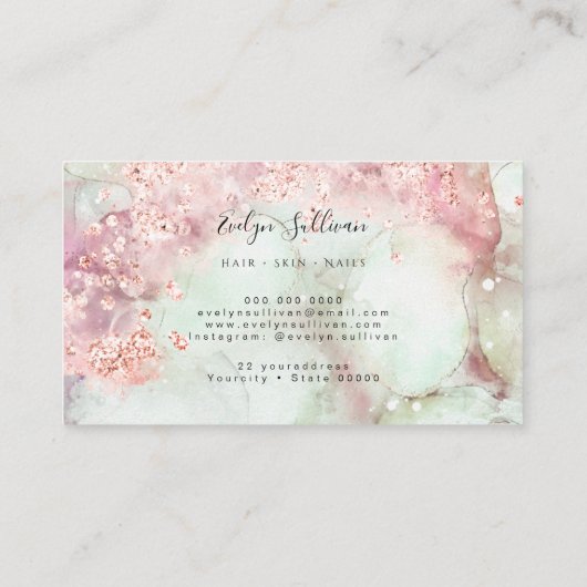 ピンク水色バラ金ゴールドグリッター名刺 名刺 (裏面)