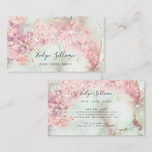 ピンク水色バラ金ゴールドグリッター名刺 名刺 (正面/裏面)