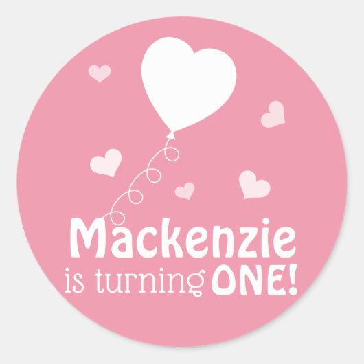 ピンク浮動ハート第1誕生日 パーソナライズされた ラウンドシール (正面)