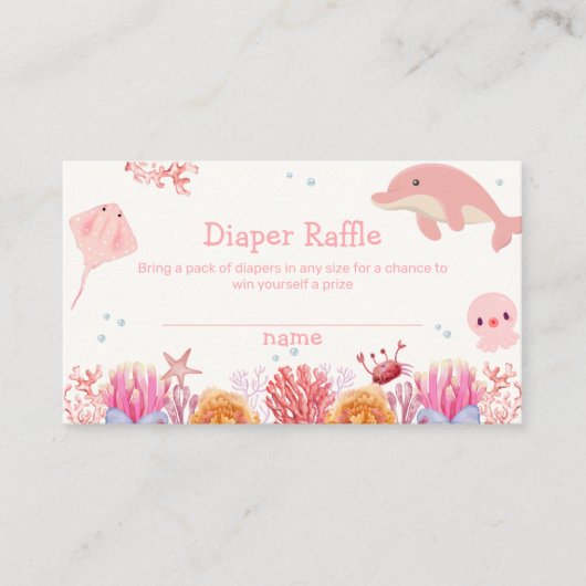 ピンク海ドルフィンガールおむつラッフルベビーシャワー エンクロージャーカード (正面)