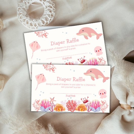 ピンク海ドルフィンガールおむつラッフルベビーシャワー エンクロージャーカード