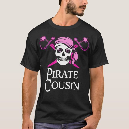 ピンク海賊従兄弟スカルとクロスボーンズ国旗 Tシャツ (正面)