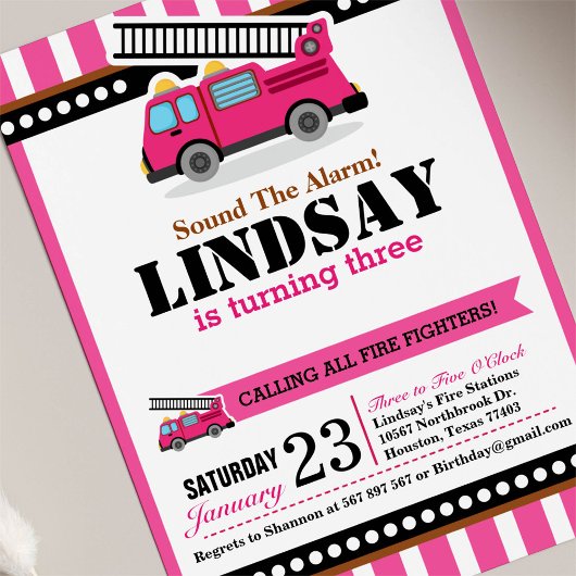 ピンク消防車の誕生日パーティーへの招待 招待状